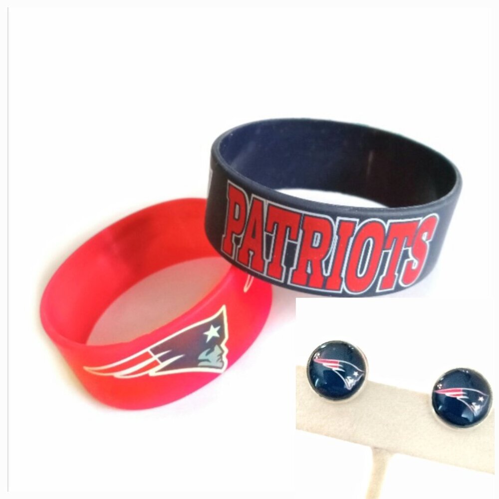New England Patriots blue red rubber bracelets and stud earrings set